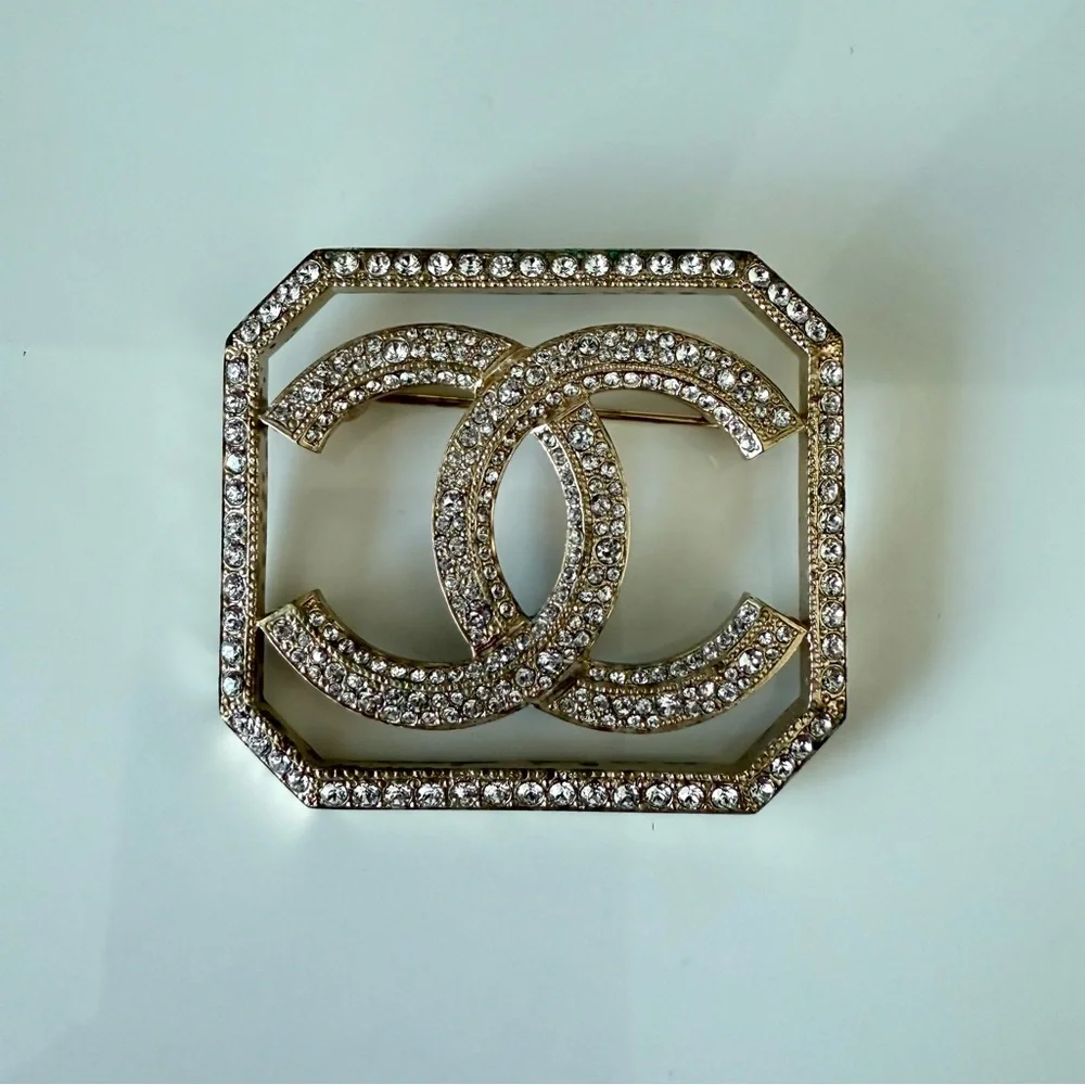 CHANEL square gold brooch with crystals Authentic